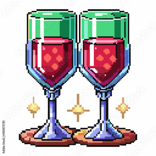 Pixel Art Wine Glasses with Sparkling Highlights Retro Digital  Illustration