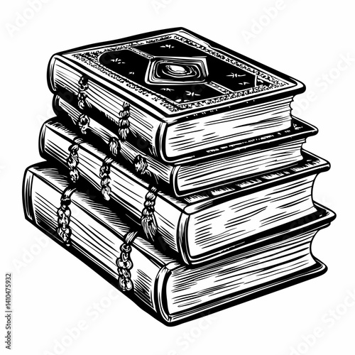 Vintage Stack of Ornate Books Black and White Engraved Illustration