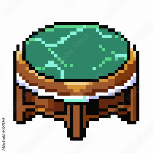 Pixel Art Green Crystal Table on Wooden Legs Retro Game Style Illustration