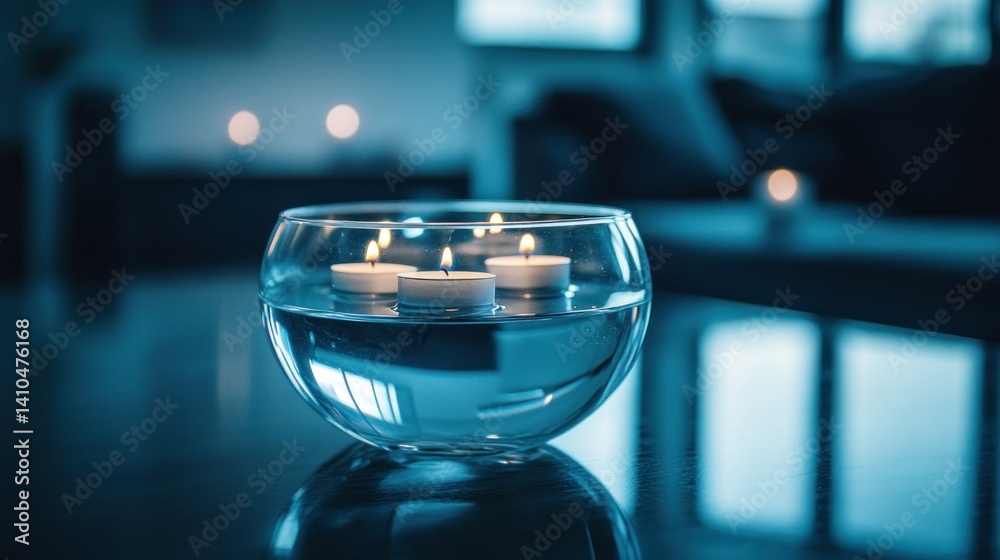 Floating candles inside a clear glass bowl on reflective surface Floating candles inside a clear glass bowl on reflective surface