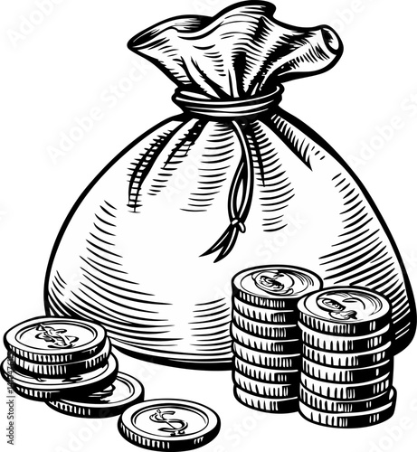 Vintage Money Bag with Coins Illustration Classic Wealth Symbol in Retro Style