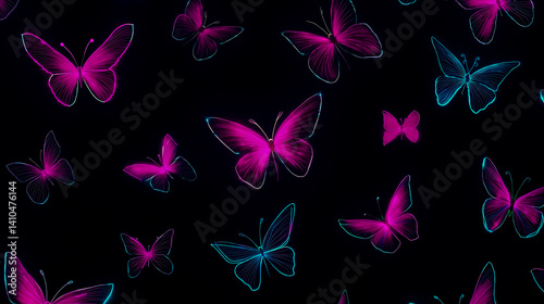 A group of pink and blue butterflies on a black background