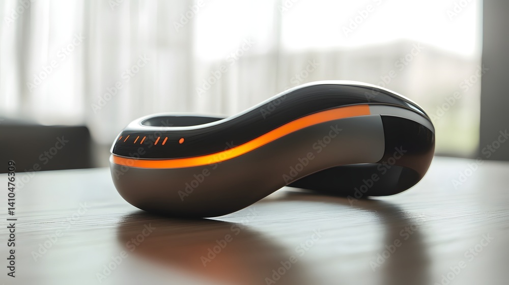 Obraz premium Smart Device: A sleek and modern smart device sits elegantly on a table, its curved form accentuated by ambient lighting, it embodies a perfect blend of design and innovation. 