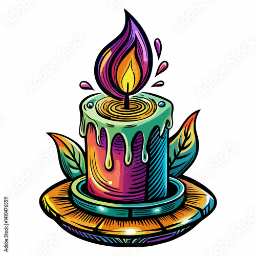 Colorful Dripping Candle with Vibrant Flame and Leafy Decoration