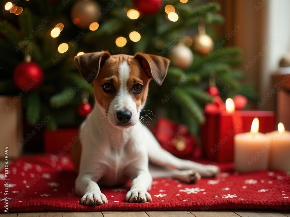 Dog is laying on a red carpet in front of a Christmas tree. The dog is looking at the camera with a curious expression. The scene is cozy