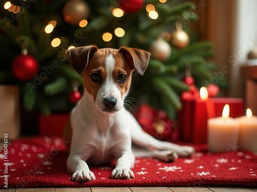 Obraz na płótnie Dog is laying on a red carpet in front of a Christmas tree. The dog is looking at the camera with a curious expression. The scene is cozy w salonie
