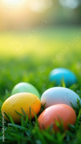 Group of eggs are sitting on the grass in a field. The eggs are of different colors, including yellow, orange, and blue. The scene is peaceful