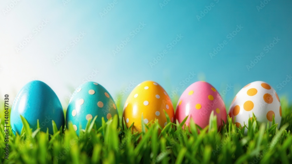 Row of colorful eggs are sitting on a green field. The eggs are of different colors and sizes, and they are all facing the same direction