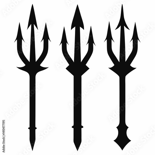 A collection of three black silhouette tridents with sharp prongs
