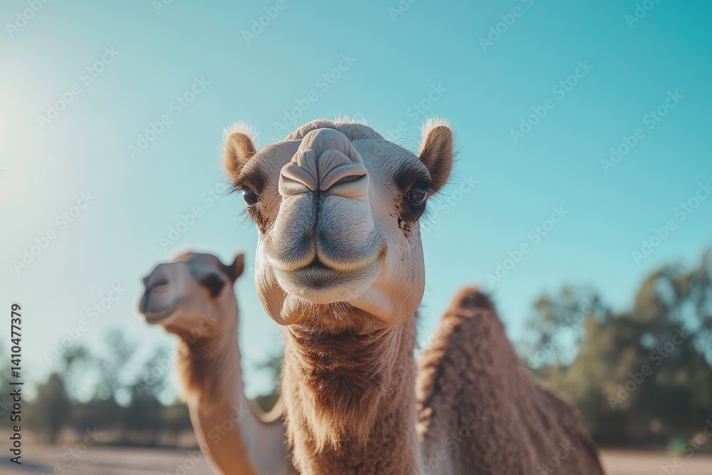 Obraz premium Close-up of a dromedary camel, another in the background, under a clear sky