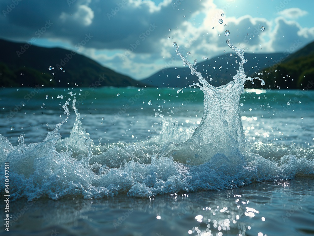 The ocean is splashing and the water is blue. The sky is cloudy and the sun is shining