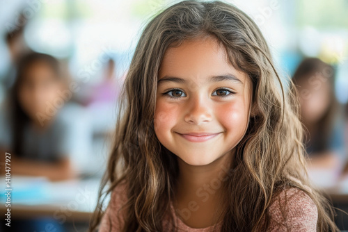Wallpaper Mural Young girl smiling happily at the camera in a sunny park, surrounded by colorful flowers and lush greenery. Torontodigital.ca