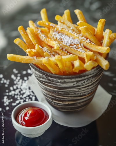 French Fried  with white salt  decorated in  a  bowl and have  a white small bowl of tomato ketchup