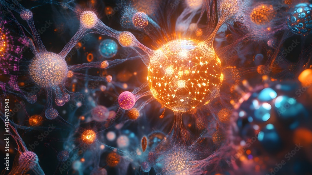 Fototapeta premium Microscopic Marvels: A stunning visual of microscopic structures, showcasing intricate cellular details in vibrant colors, creating a mesmerizing dance of biology.