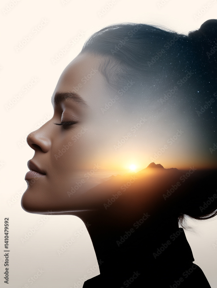 A serene profile of a woman against a stunning sunset, with a dreamy starry overlay, evoking a sense of wonder and tranquility. A serene profile of a woman against a stunning sunset, with a dreamy starry overlay, evoking a sense of wonder and tranquility.