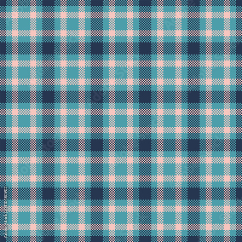 Pixelated plaid pattern in cool tones. A seamless tartan design evoking vintage aesthetics. Great for backgrounds, textiles, or retrothemed graphics.