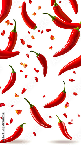 A bunch of red hot chili peppers falling down on a white background