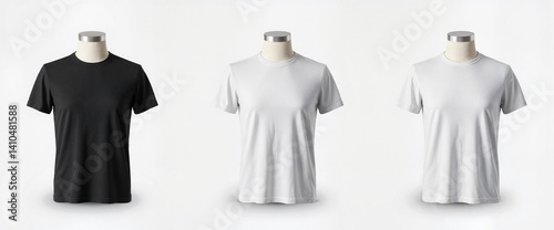Black and White T-Shirts Displayed on Mannequins Against Neutral Background -  