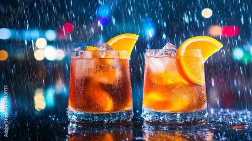 Refreshing Cocktails in the Rain - Two iced orange cocktails, rain backdrop, city lights, summer drinks, vibrant colors. Symbolizing refreshment, relaxation, nightlife, and urban escape