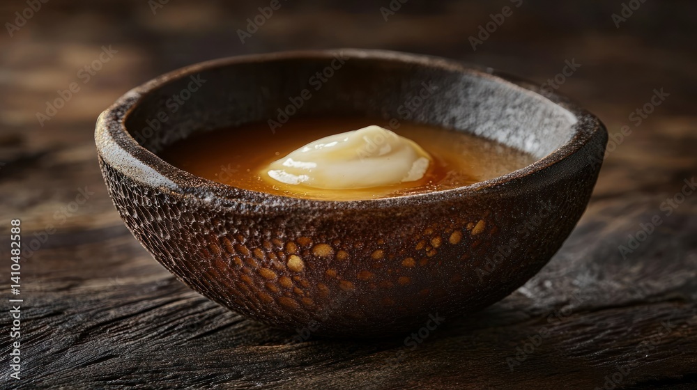A Small Bowl Containing Soup Topped With Creamy White Substance A Small Bowl Containing Soup Topped With Creamy White Substance