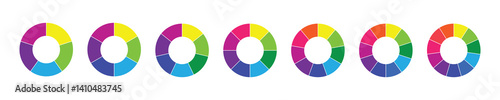 Pie chart set. Circle section graph. Circle division infographic icon set. Infographic wheel segment or section parts. Pie chart divided 1,2,3,4,5,6,7,8,9,10,11,12 equal parts. Vector illustration set