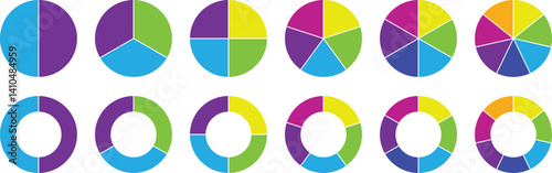 Pie chart set. Different color circles. Circle section graph. Pie chart color icons. Pie chart divided 1, 2, 3, 4, 5, 6, 7, 8, 9, 10, 11, 12 equal parts. Colorful diagram graphs. Vector illustration