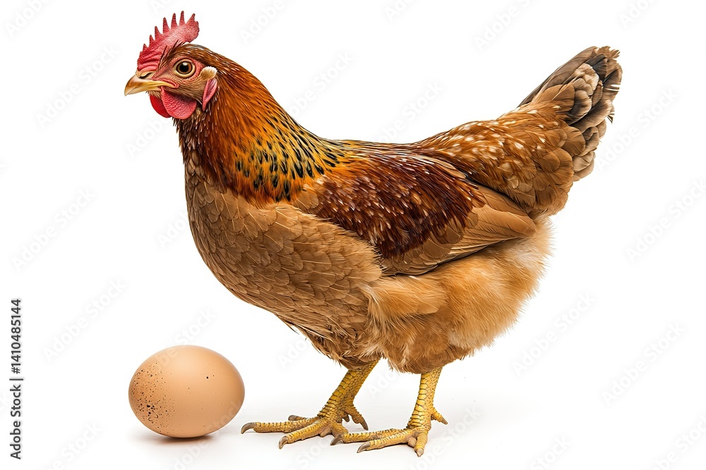 Fototapeta premium Hen with Egg: A golden hen stands guard over her freshly laid egg on white