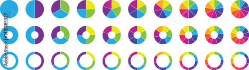 Circle pie chart diagram. Pie chart set. Colorful diagram collection with sections or steps. 1,2,3,4,56,7,8,9,10,11,12 segment infographic. Wheel round diagram part symbol. Vector illustration