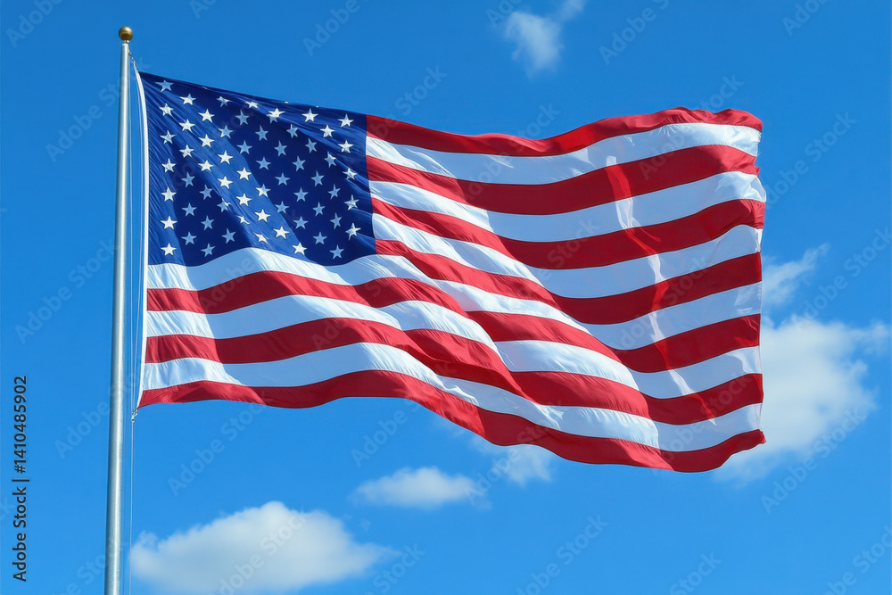 American flag waving proudly against a clear blue sky. American flag waving proudly against a clear blue sky.