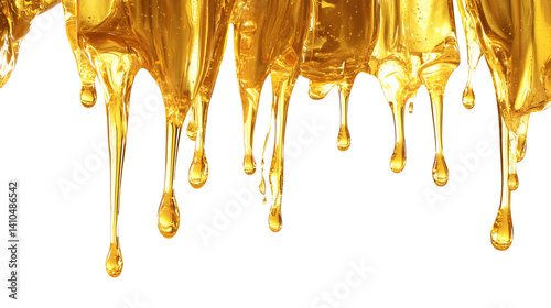 A long stream of honey drips down a white background.