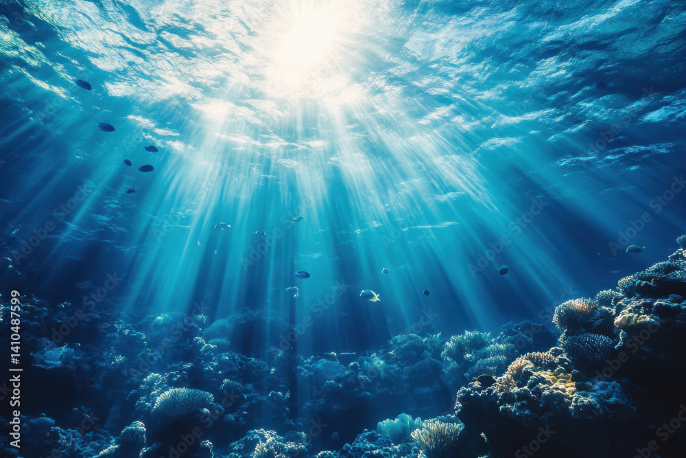 Obraz premium Sunlight illuminating coral reef in crystal-clear waters.