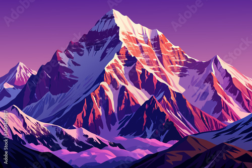 Mount Everest with isolated background at sunset time, Simple cartoon design Flat style vector illustration