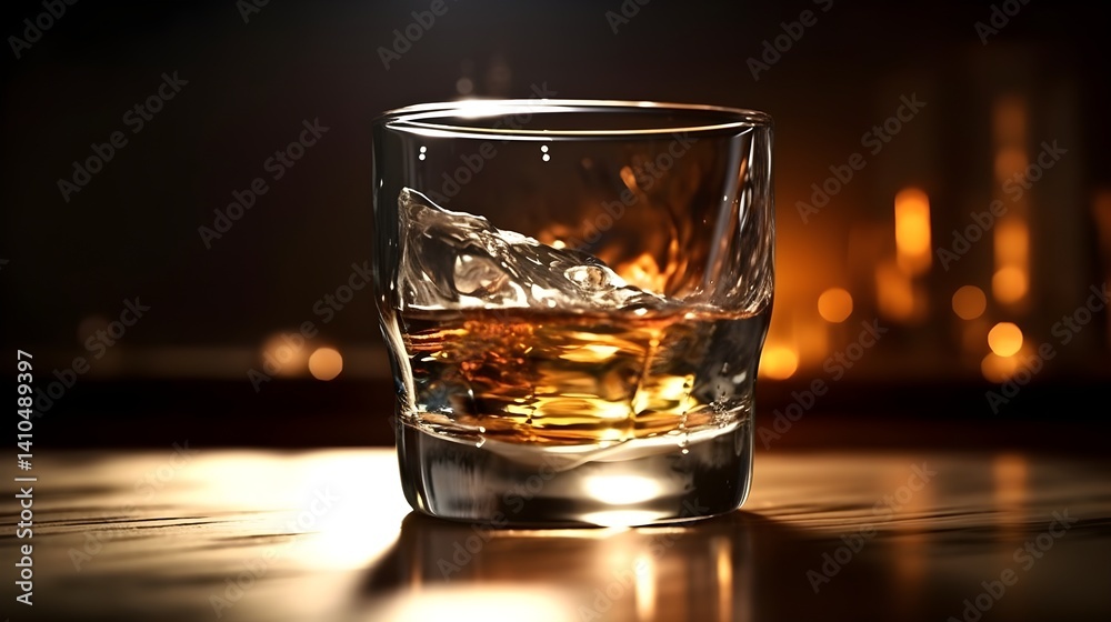 lass of Whiskey with Ice on Wooden Bar Counter in Warm Ambient Light