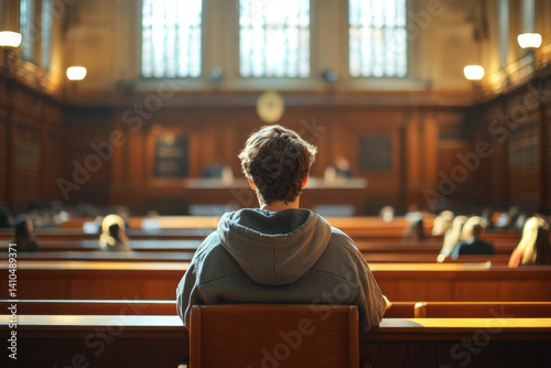Woman in courtroom gazes at camera during trial, embodying resolve and determination amid the legal proceedings.