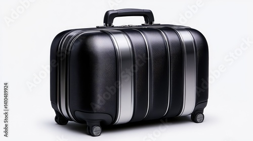 A black and silver luxury travel suitcase with a business-class design on an immaculately white background.