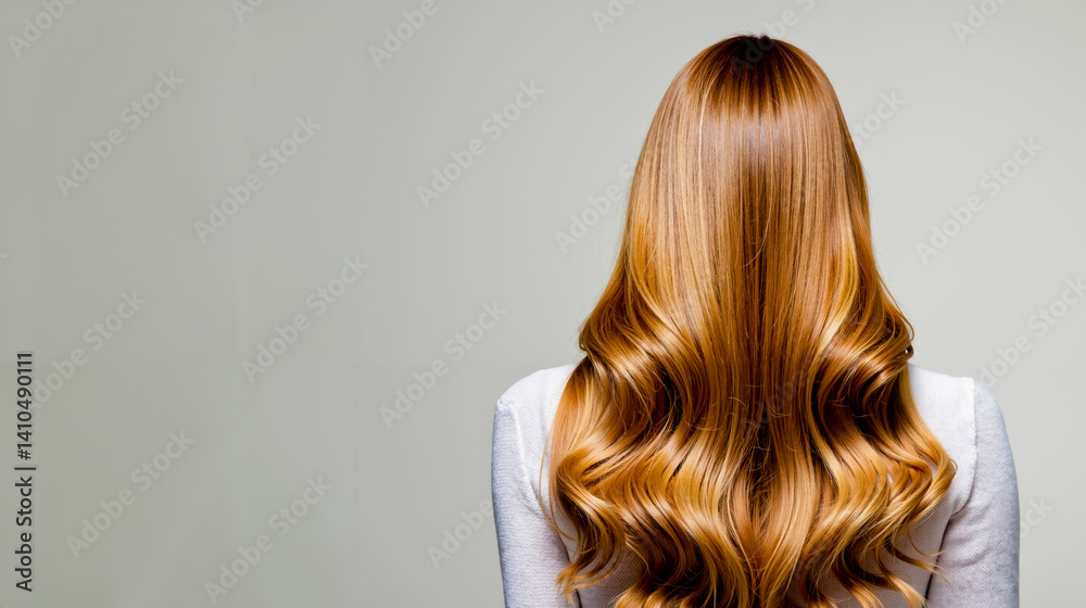 Naklejka premium A woman with long wavy red hair is shown from the back