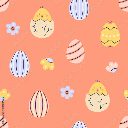 Happy Easter seamless pattern with chicken and painted eggs on orange background. Happy Easter hand drawn card. Flat illustration with partial outline. Vector illustration.