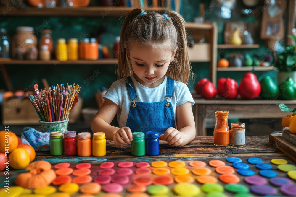 Little girl freely paints colorful strokes on a canvas, creating a vibrant and joyful masterpiece. Little girl freely paints colorful strokes on a canvas, creating a vibrant and joyful masterpiece.