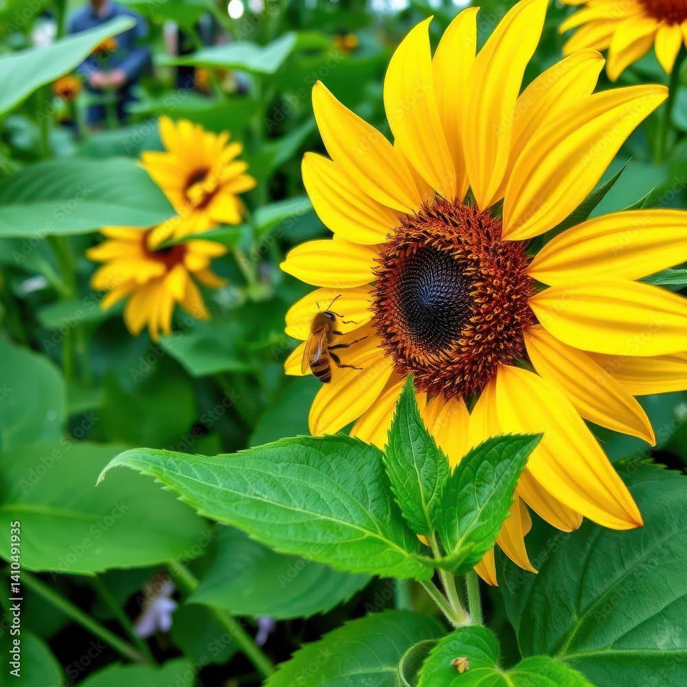 Obraz premium A bee rests on a vibrant yellow sunflower petal amidst lush green foliage, green, flower, wildflower