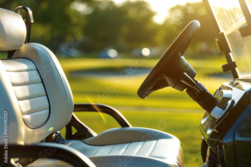 A close-up of the interior view from inside an empty golf cart, with white seats and a black steering wheel, set against a blurred background of a sunny golf course during the golden hour. 