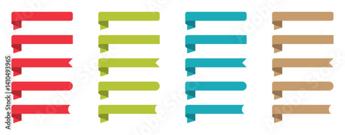 Set of flat colorful ribbon icons in red, green, teal, and brown. Variety of banner styles for web design, labels, infographics, marketing, highlights, and user interface elements.