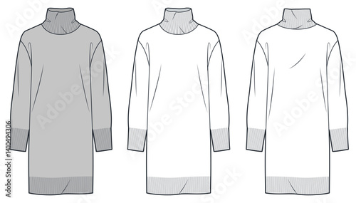 Turtleneck Sweater Dress Technocal Fashion Sketch. Roll Neck knit Dress fashion flat technical drawing template, long sleeve, relaxed fit, front and back view, white, grey, women CAD mockup set.