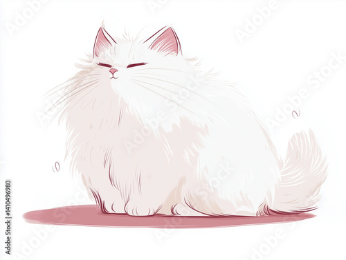 White cat with red bow and heart, cute fluffy kitten with blue eyes
