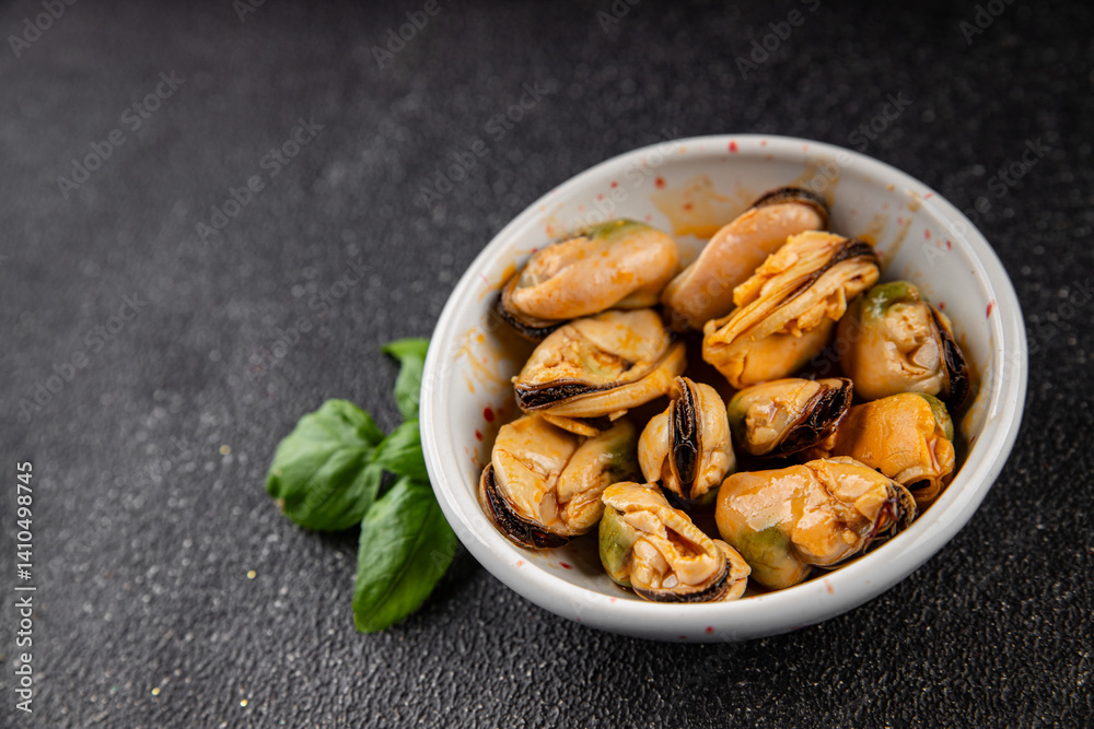 Mussels canned seafood appetizer dish organic product fresh tasty gourmet food background on the table rustic food top view copy space Mussels canned seafood appetizer dish organic product fresh tasty gourmet food background on the table rustic food top view copy space