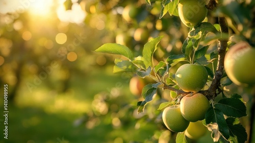 Green apples hanging on the tree in the sunlight beautifully