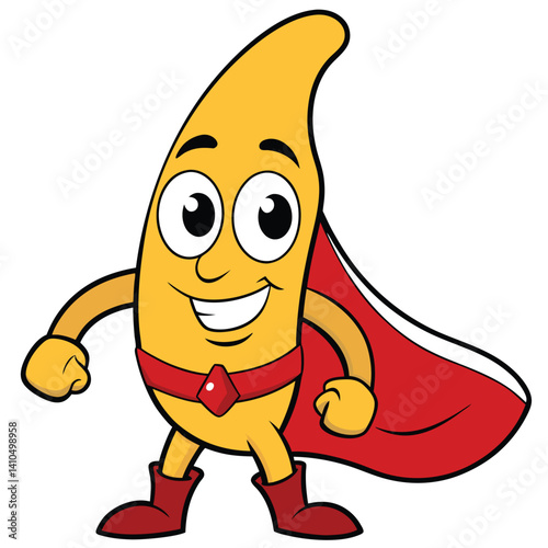 Cartoon banana in red cape and mask with confident expression in flat vector