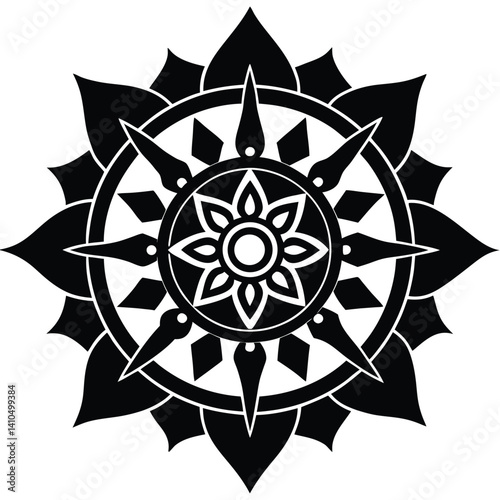 Sacred Tibetan mandala design with Buddhist symbols in symmetrical vector style