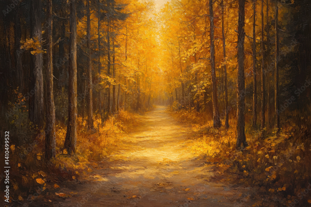 Fototapeta premium A winding path through a lush forest, dappled sunlight filtering through the canopy. Trees stand tall on either side, their leaves creating a natural green tunnel.