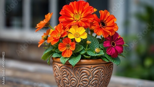 Wallpaper Mural Colorful wildflowers in an etched clay pot, alchemilla, saponaria, gloxinia Torontodigital.ca