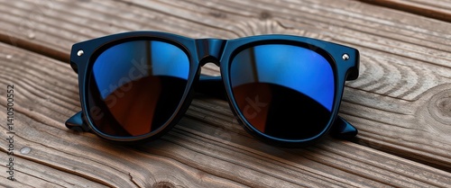 Sleek black sunglasses, reflective lenses, isolated on rustic wood, fashion accessory, cool sunglasses, shades